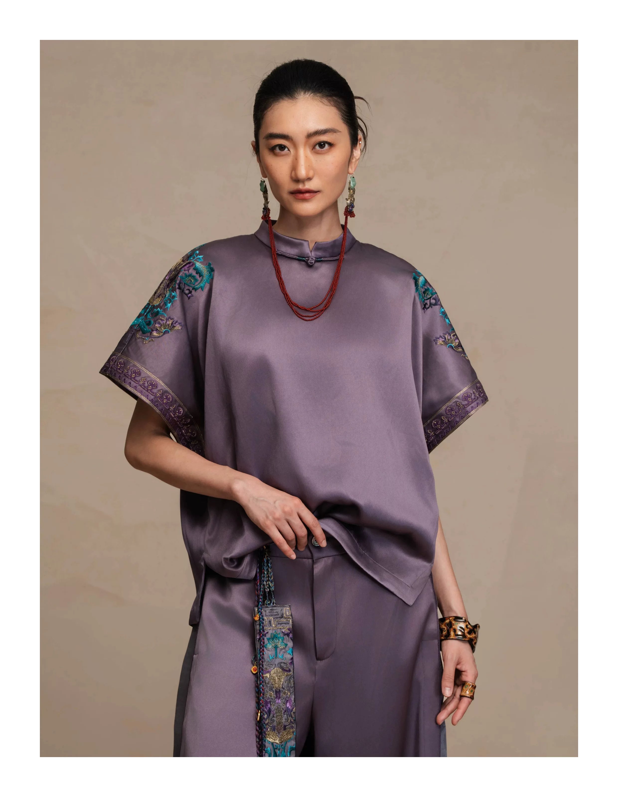 Luxury Imperial Porcelain Silk Batwing Top- 26Y12401