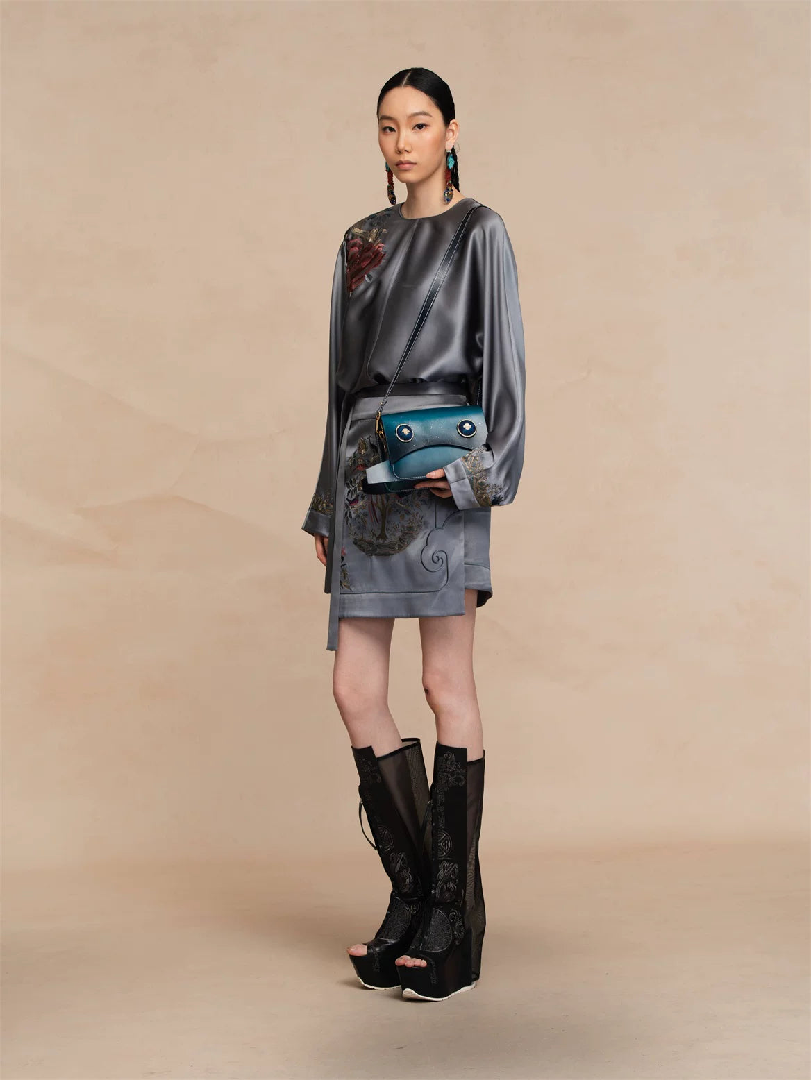 Luxury Celadon Silk Peony Pullover Blouse-26ZCS6569