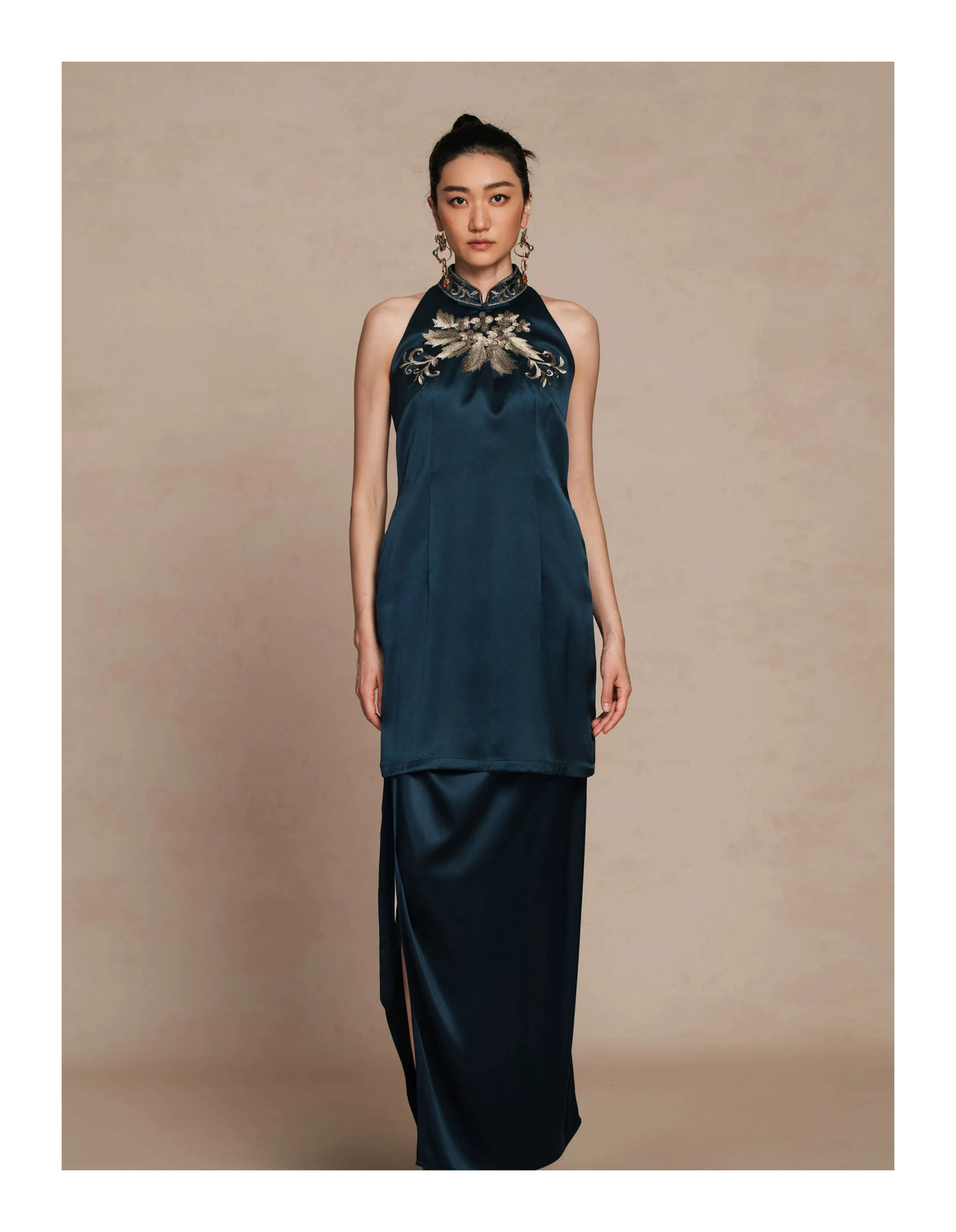 Luxury Navy Silk Phoenix Halter Maxi Dress-26ZLY6713
