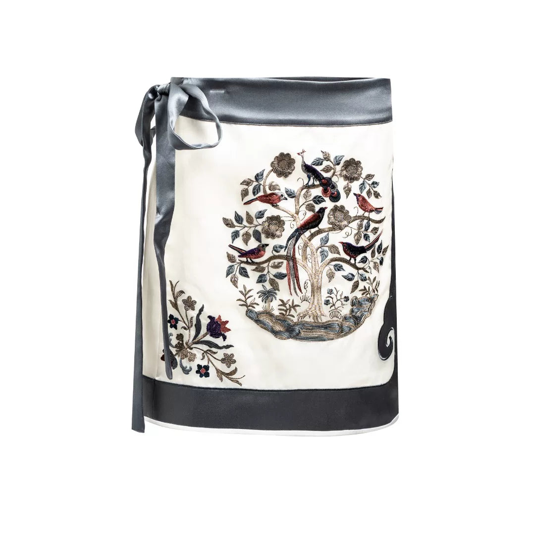 Luxury Ivory Silk Peony Wrap Mini Skirt- 26ZDQ6546