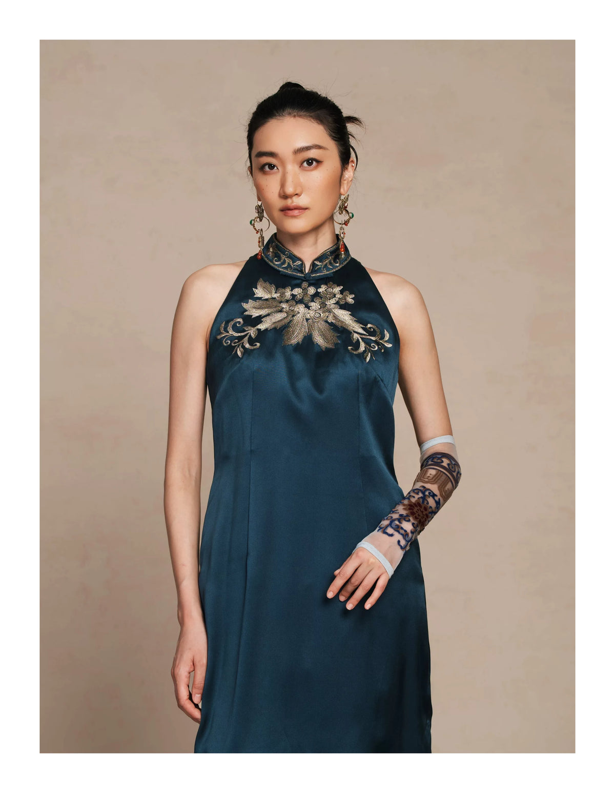 Luxury Navy Silk Phoenix Halter Maxi Dress-26ZLY6713