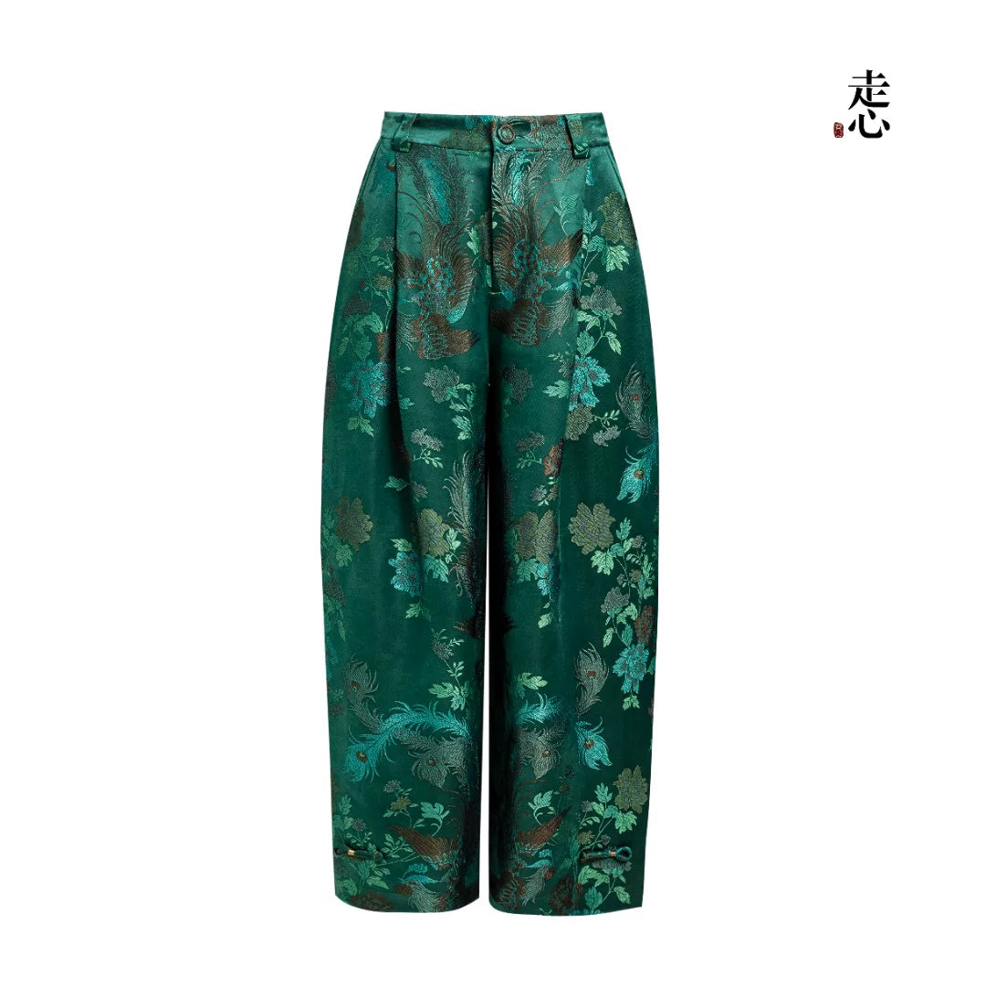 Luxury Emerald Song Brocade Silk Pants-25Y08301
