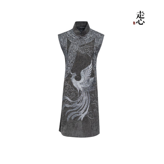 Heritage Xiangyun Silk Cheongsam Dress – Phoenix Silver Embroidery & Crackle Pattern | Zouxin Silk