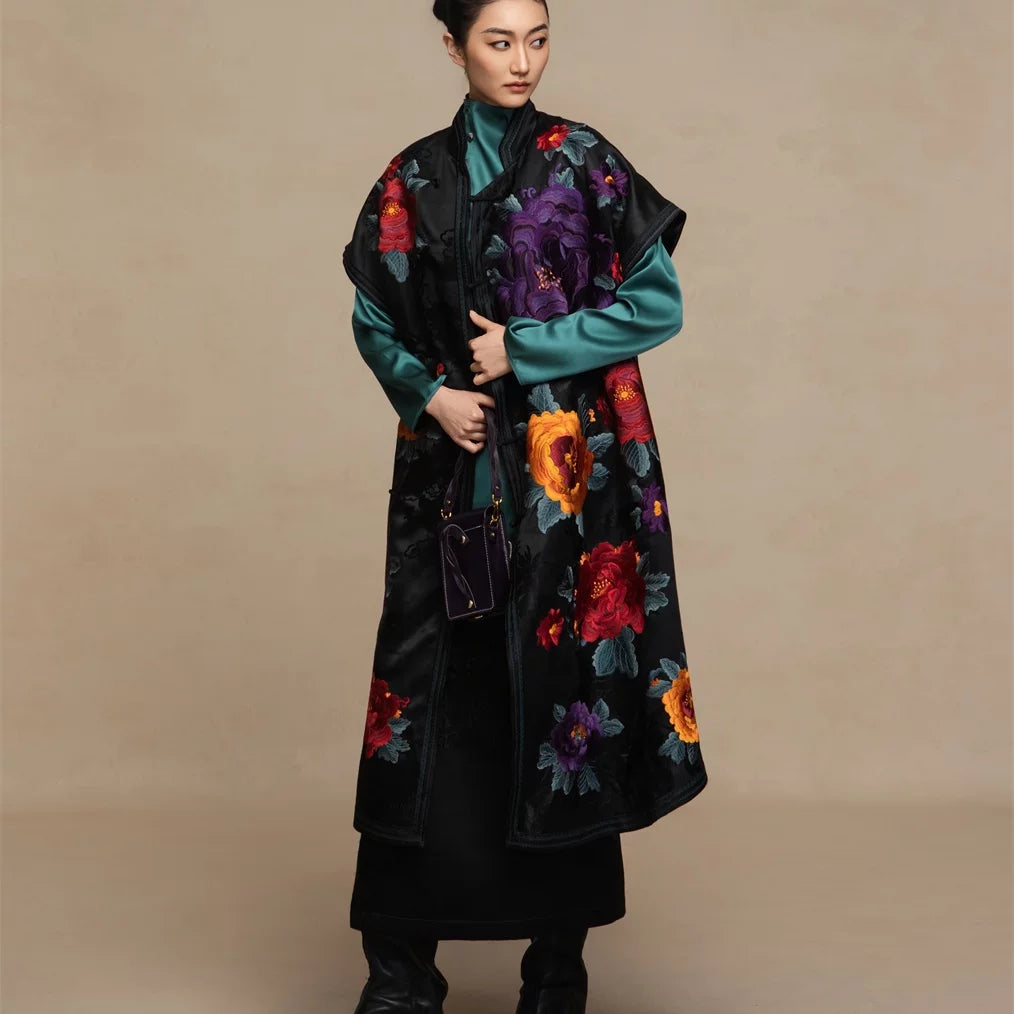 Luxury Peony Silk Cheongsam Vest Robe- 26ZLY6218