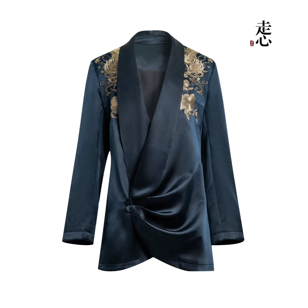 Luxury Navy Silk Phoenix Wrap Blazer- 26ZWT6712