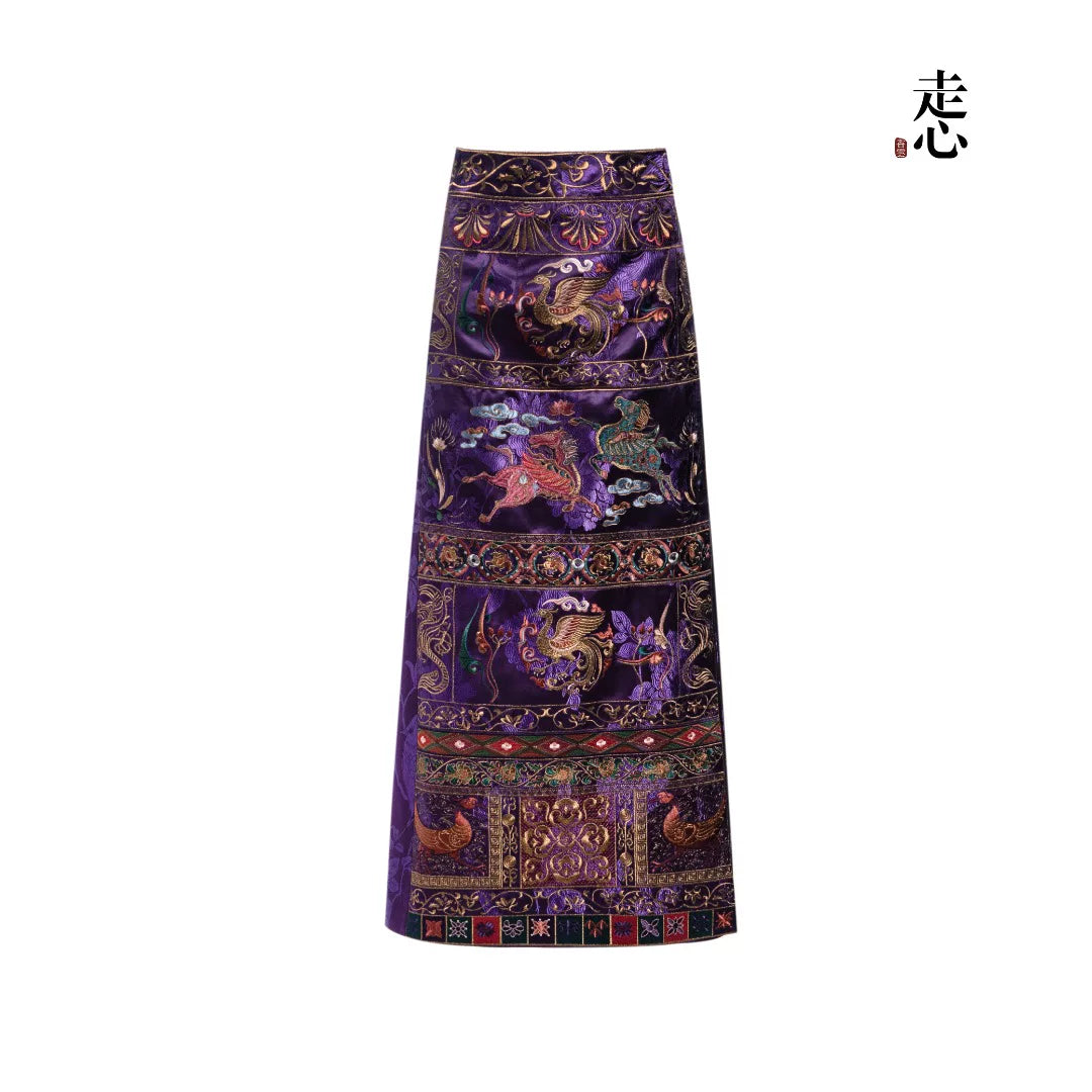 Luxury Navy Pegasus Heavy Silk Maxi Skirt-25ZX9283