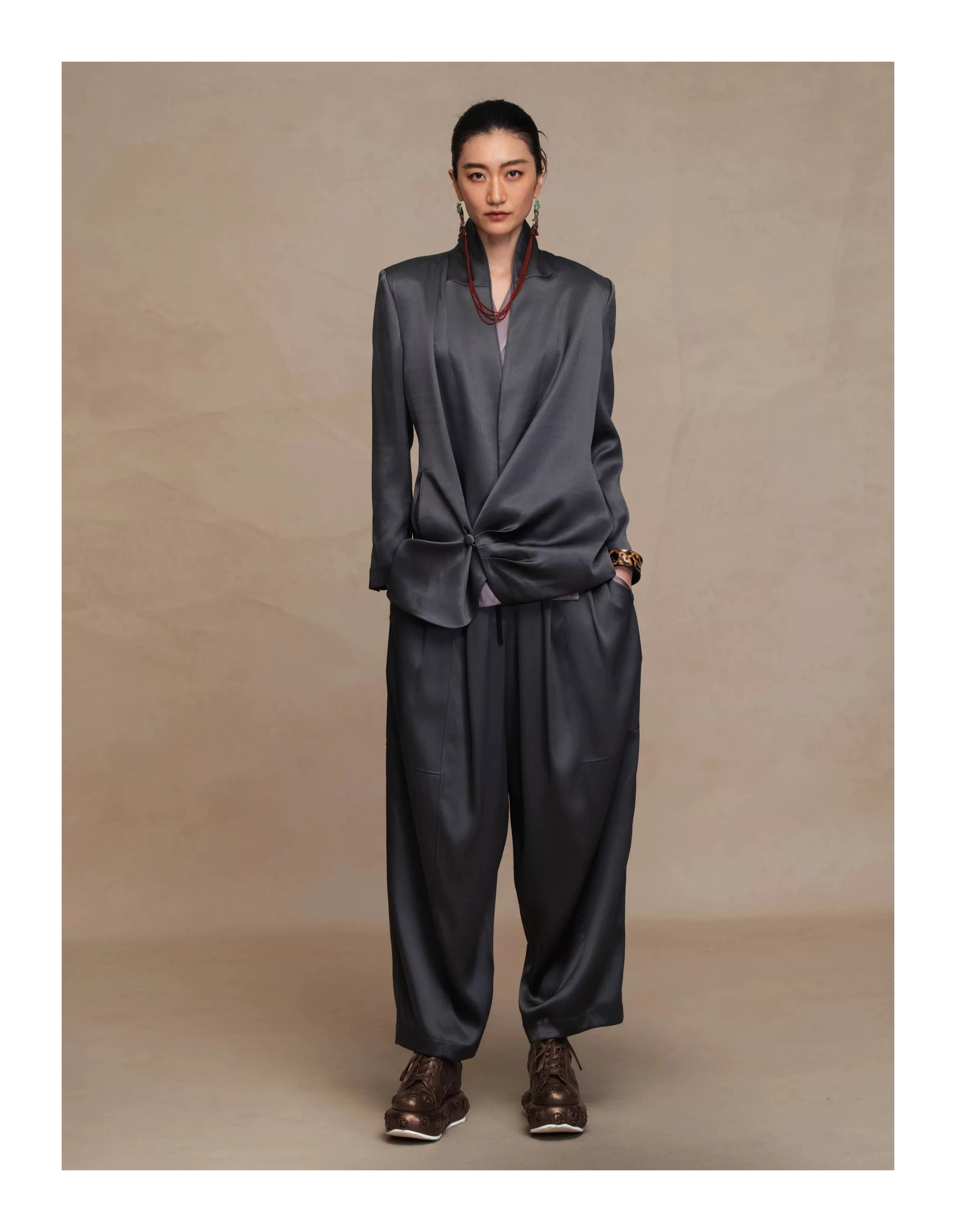 Luxury Grey Heavy Silk Drop-Crotch Pants-26Z76211429