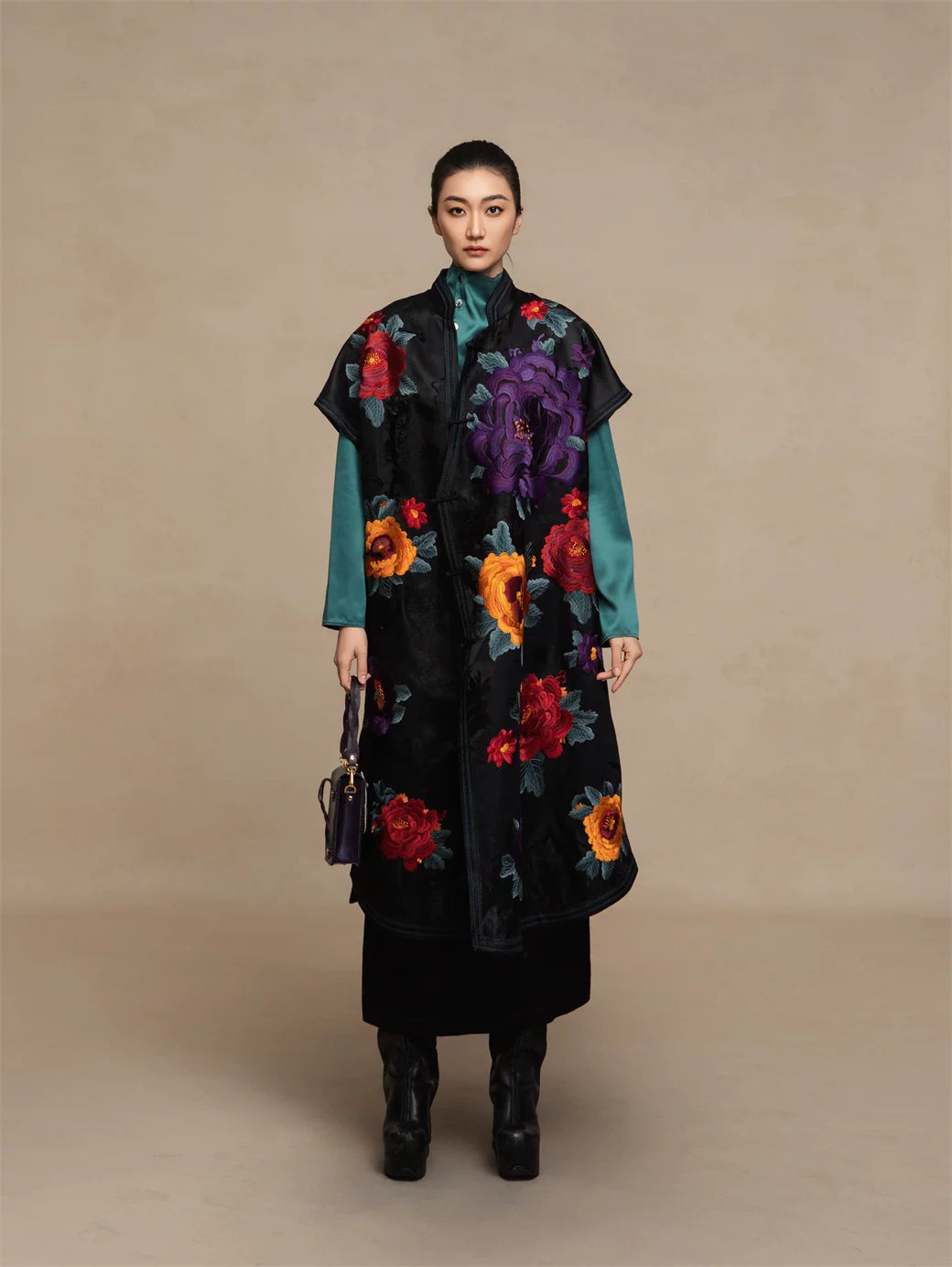 Luxury Peony Silk Cheongsam Vest Robe- 26ZLY6218