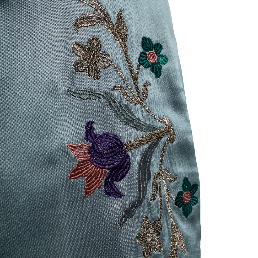 Luxury Celadon Silk Peony Wide-Leg Pants- 26ZKZ6708