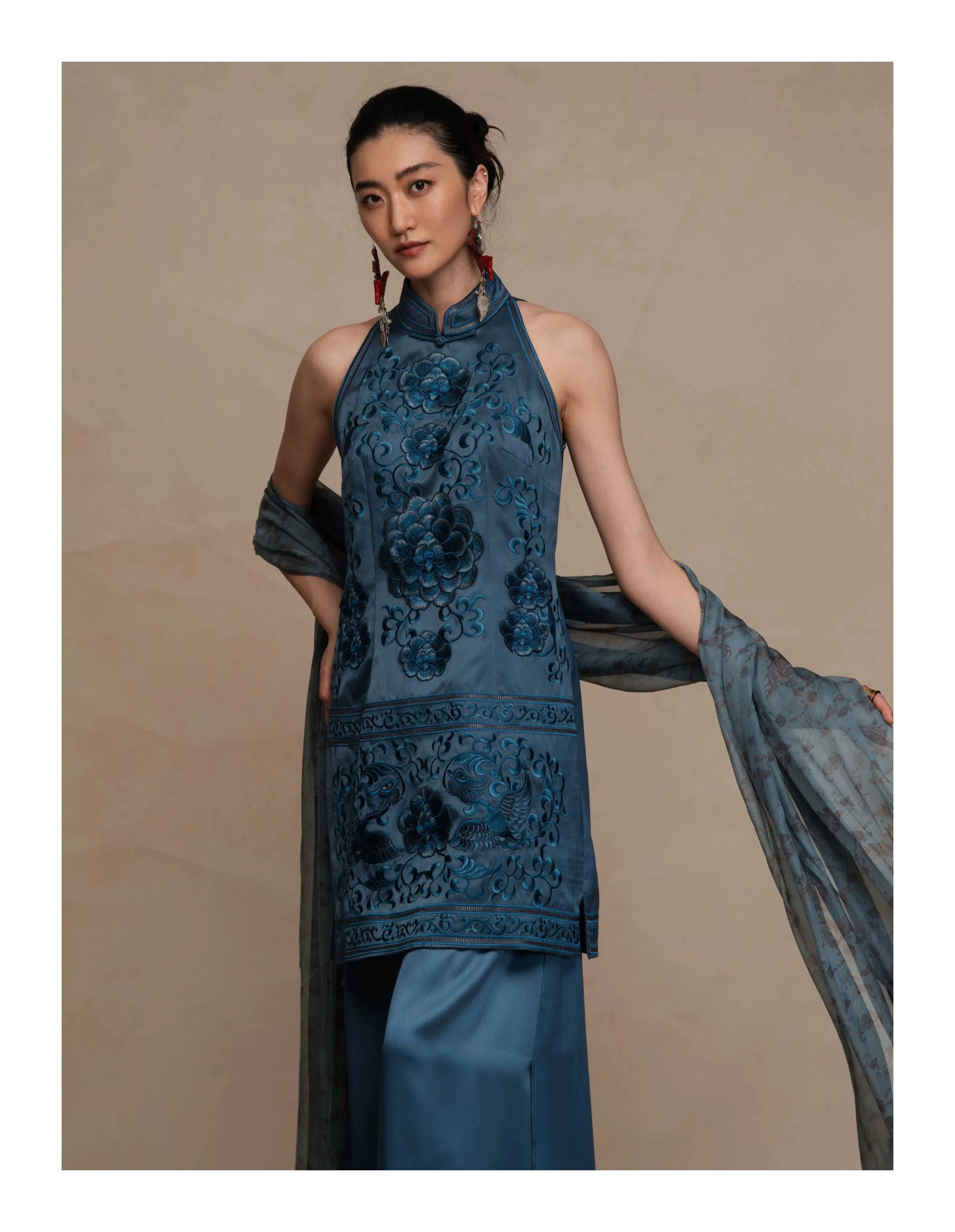 Luxury 60 Momme Silk Halter Phoenix Dress- 26ZLY6703