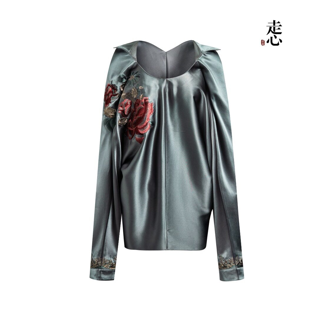 Luxury Celadon Silk Peony Pullover Blouse-26ZCS6569