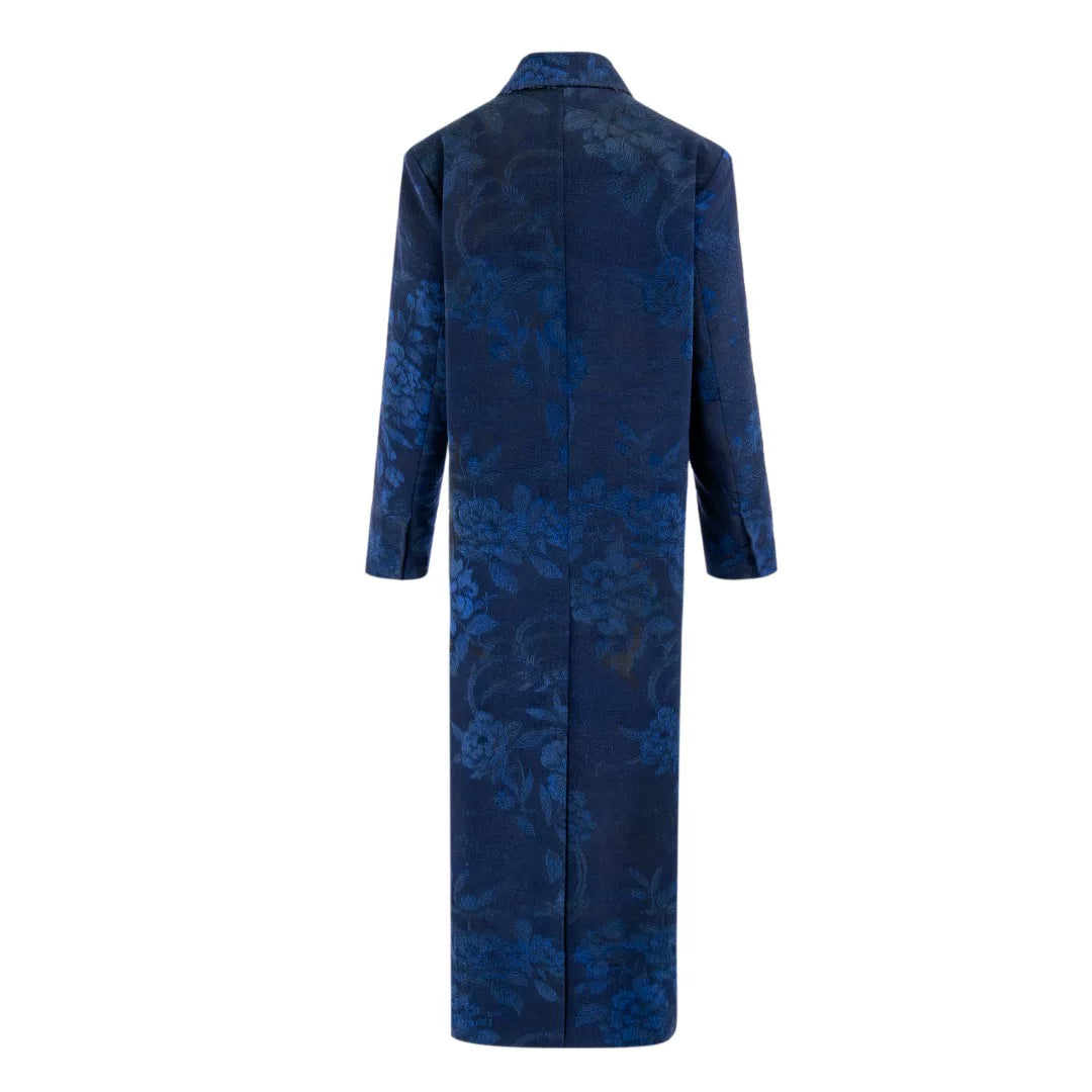 Luxury Blue Silk-Wool Trench Maxi Overcoat-26Z26418939
