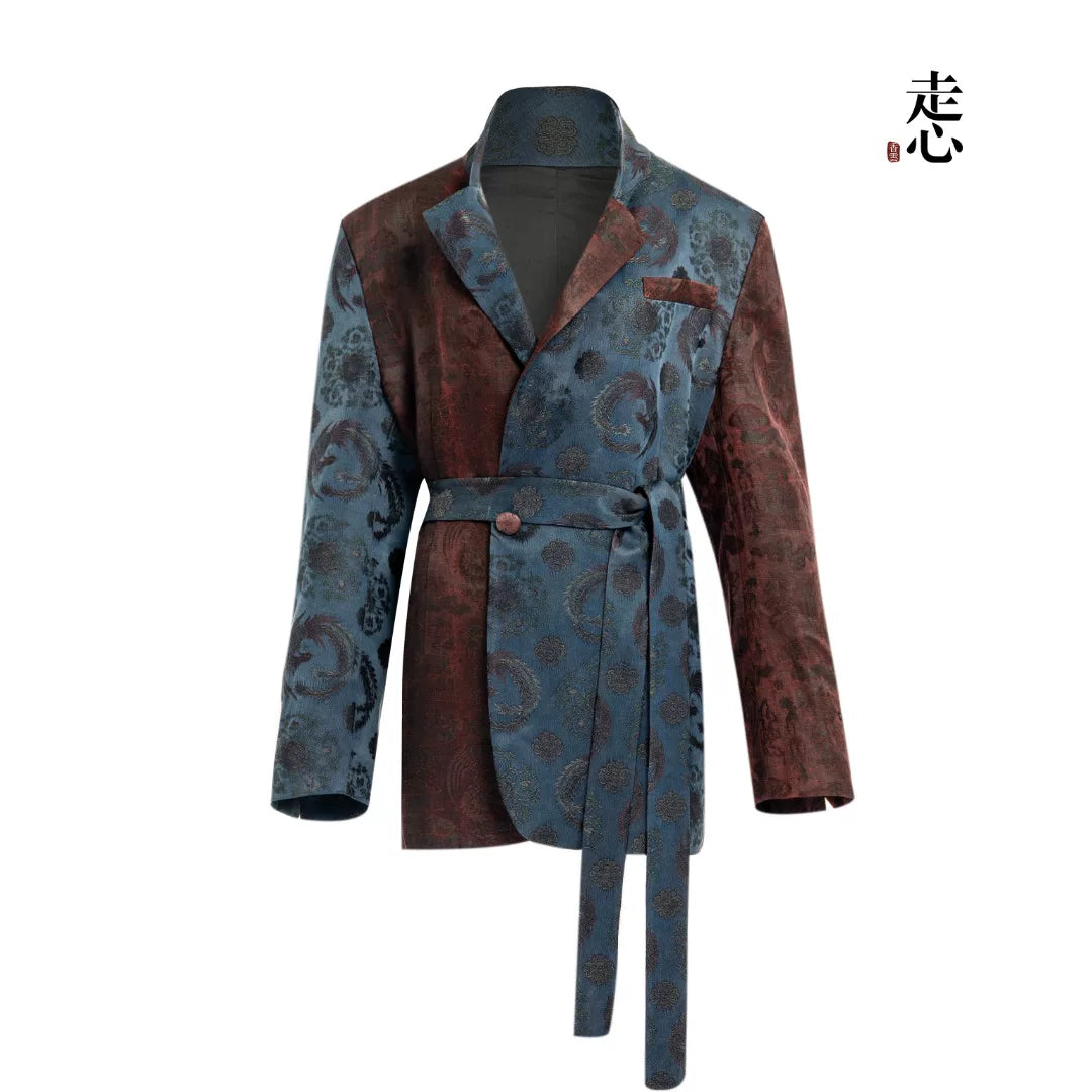 Luxury Blue Song Brocade Belted Blazer-26Z26418929