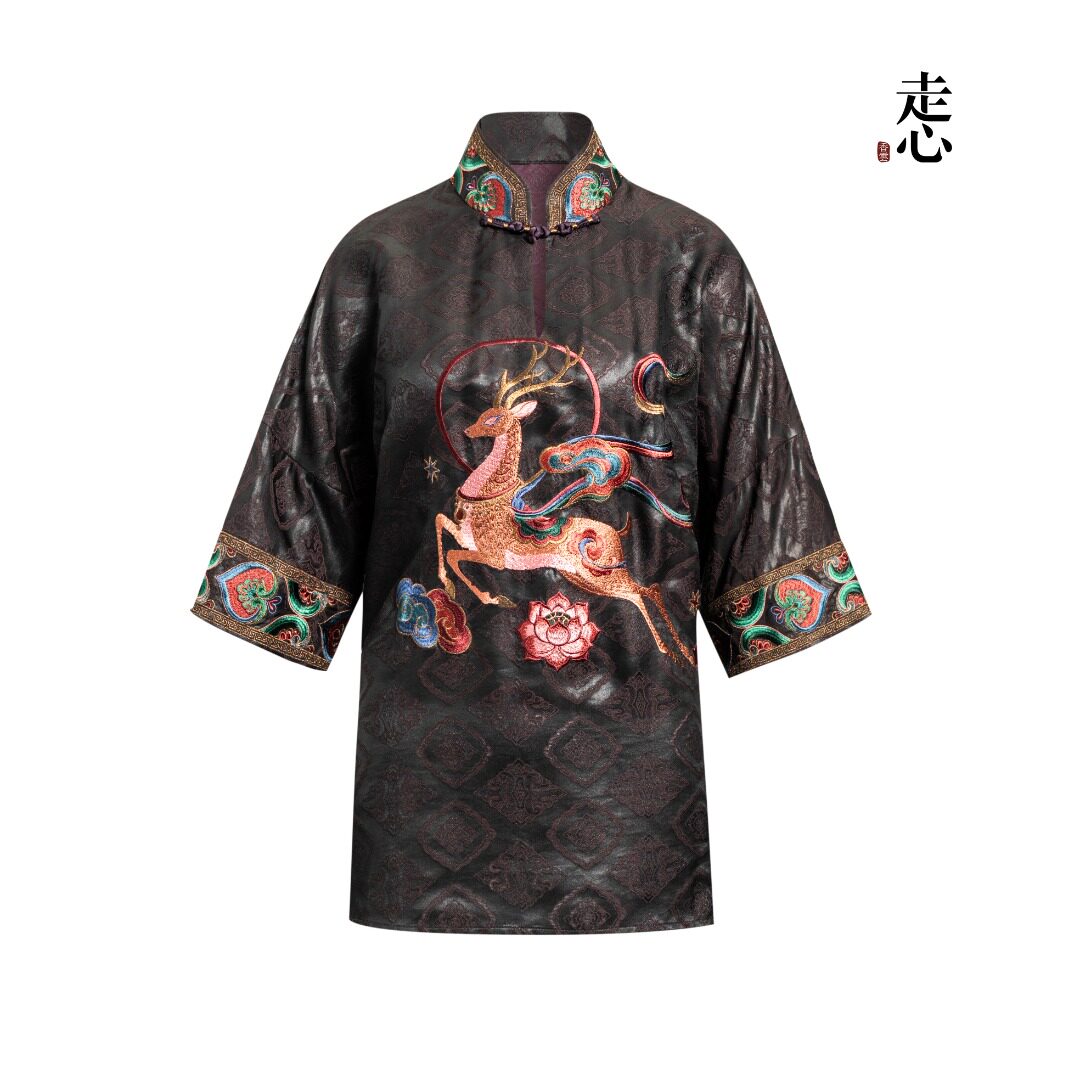 Luxury Dunhuang Nine-Colored Deer Silk Mandarin Collar Top-26ZW034F