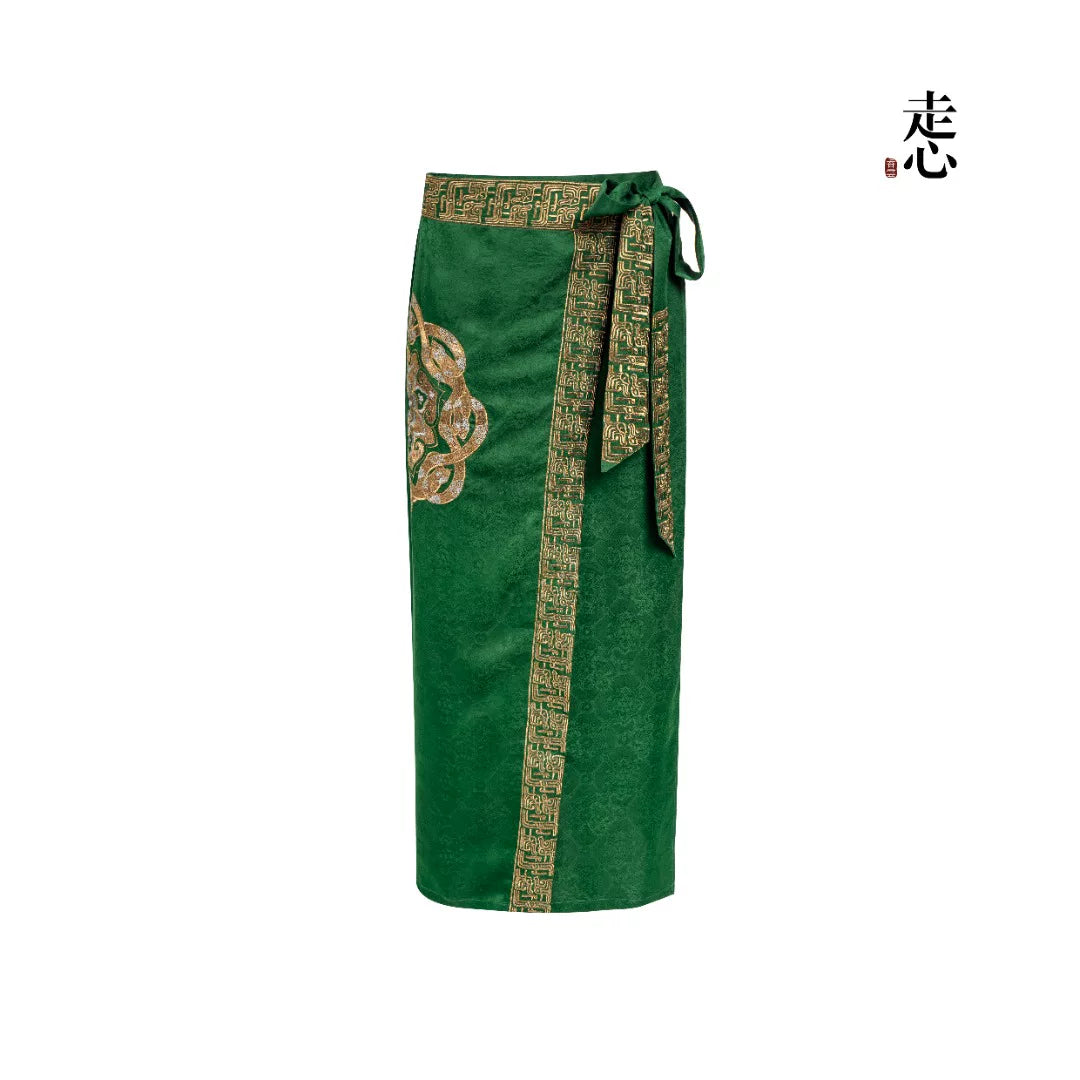 Luxury Emerald Silk Brocade Wrap Skirt-25ZW68F