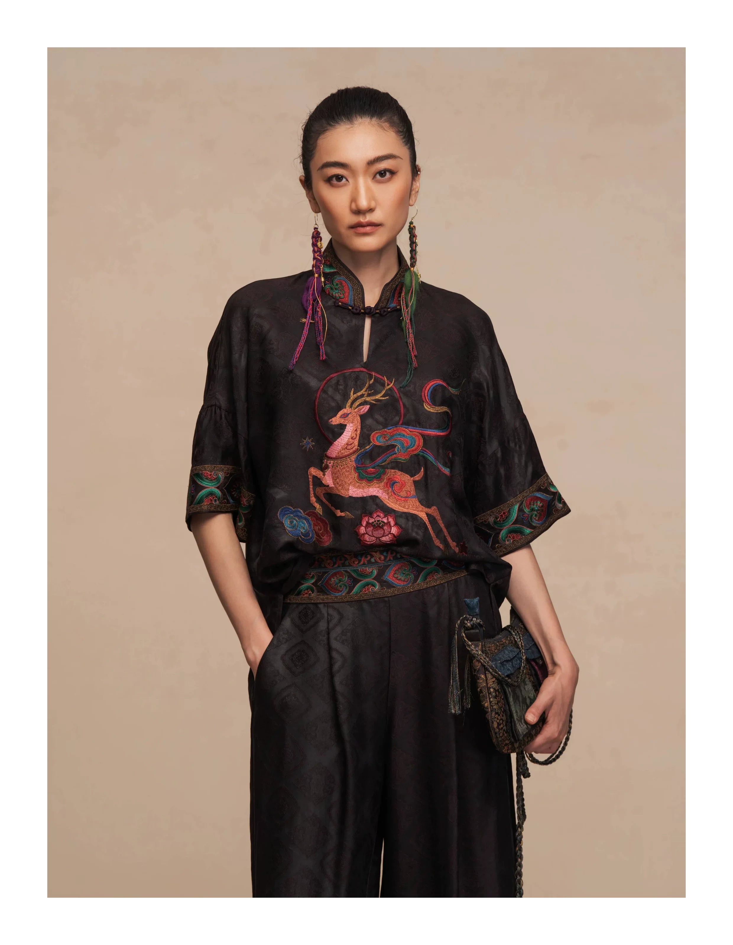 Luxury Dunhuang Deer Silk Brocade Top-26ZW034F