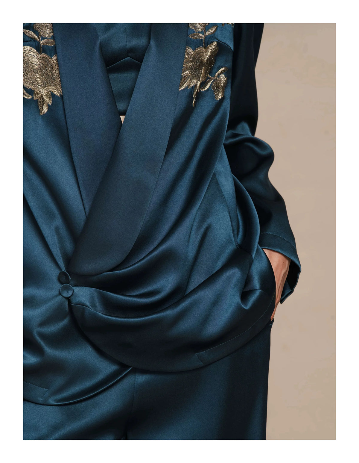 Luxury Navy Silk Phoenix Wrap Blazer- 26ZWT6712