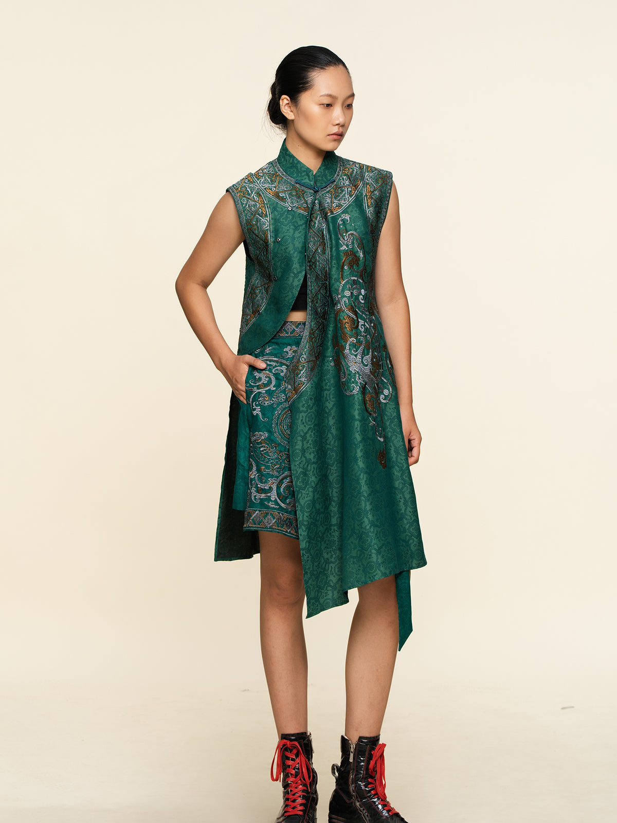 Colorblock Silk Long Vest--25ZW107F