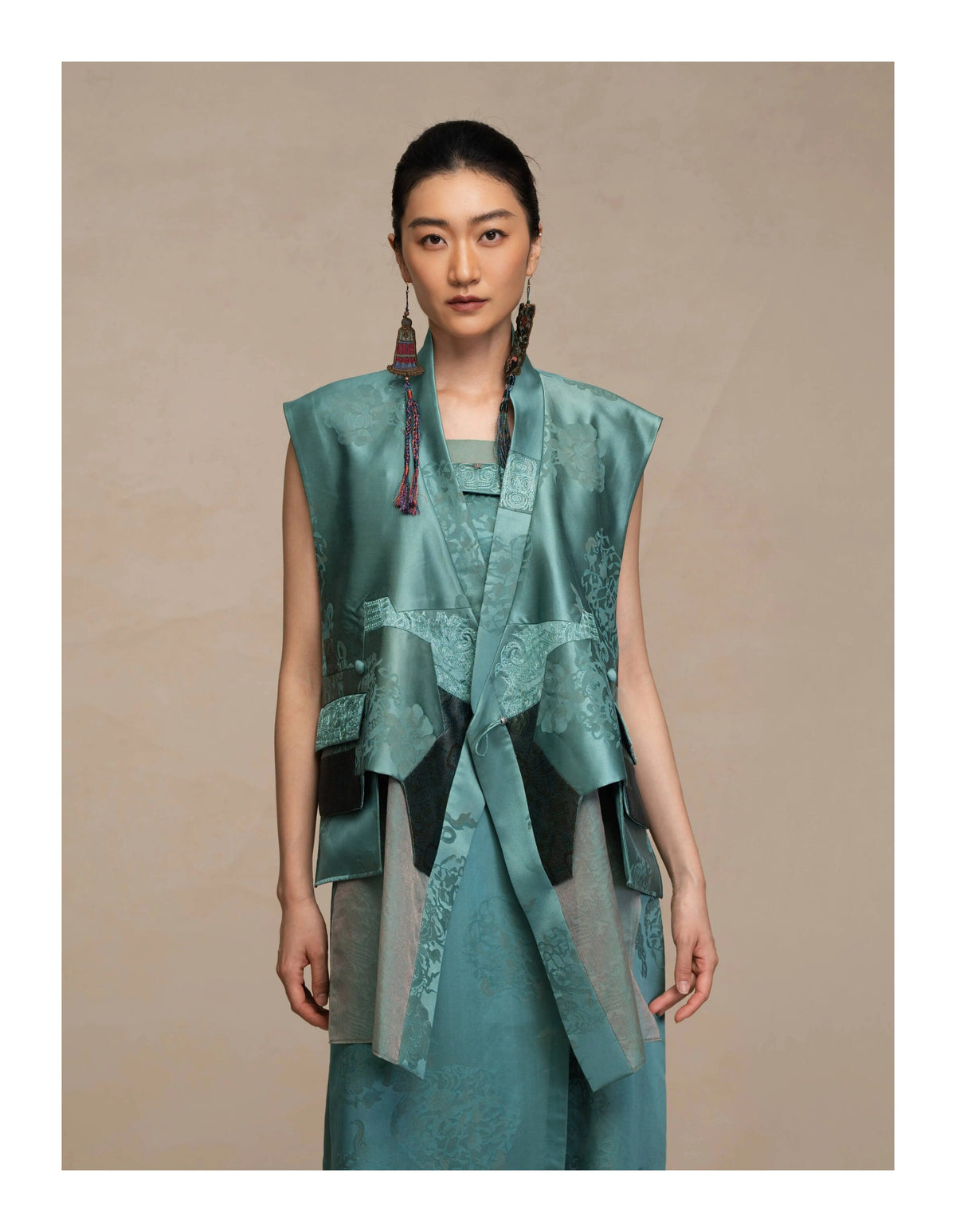 Luxury Asymmetric Silk Wrap Slate Teal Vest - 26Z00701