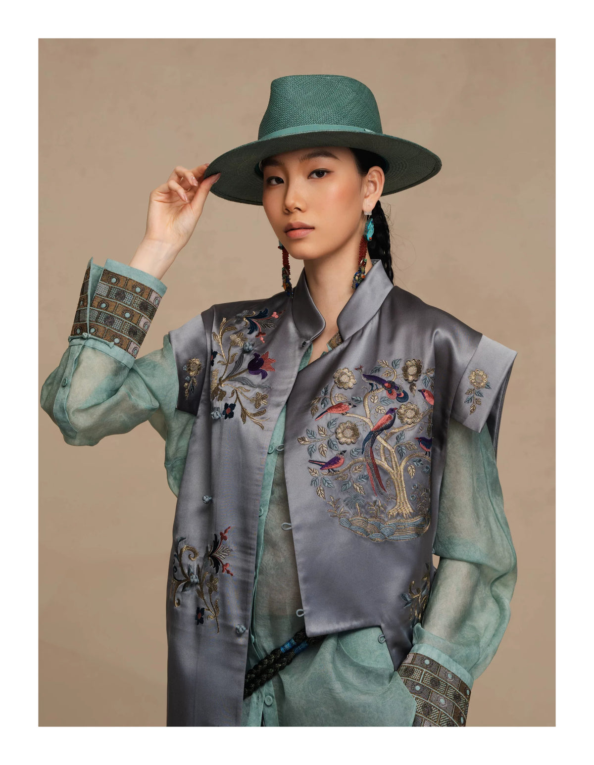 Luxury Teal Peony Silk Suiting Vest-26ZMJ6552