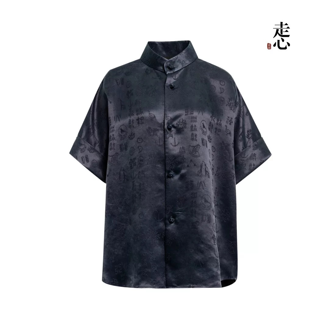 Luxury Black Twelve Ornaments Silk Shirt-26Z76212199