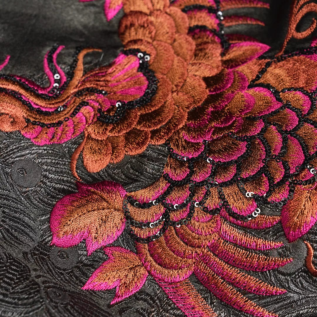 Luxury Black Phoenix Silk Cape Coat-26ZWT6896