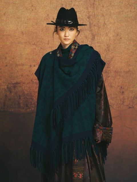 Luxury 1130g Green Ornaments Cashmere Cape-26ZX2626