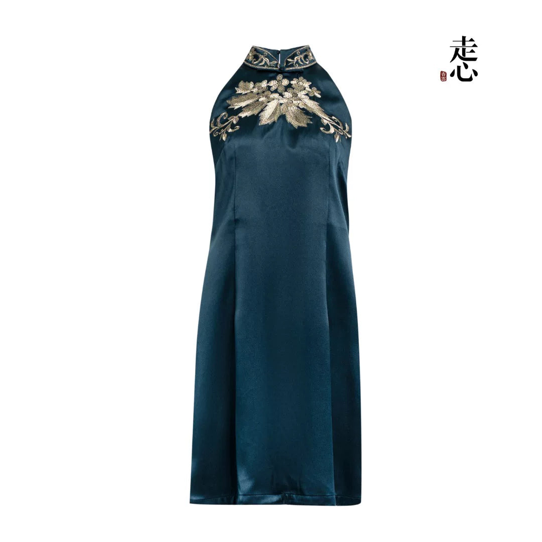 Luxury Navy Silk Phoenix Halter Maxi Dress-26ZLY6713