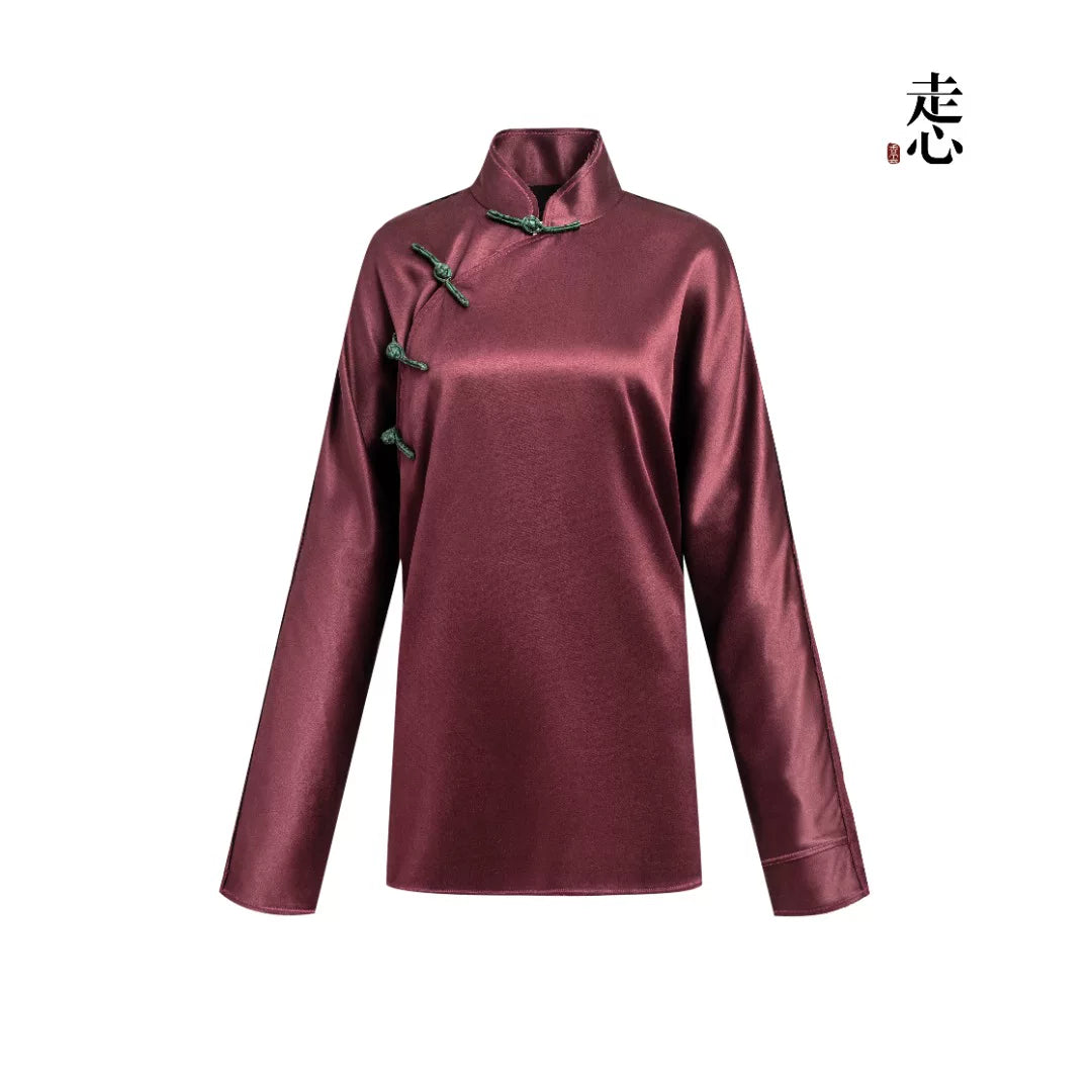 Luxury Carmine Heavy Silk Mandarin Shirt- 25Z26312069