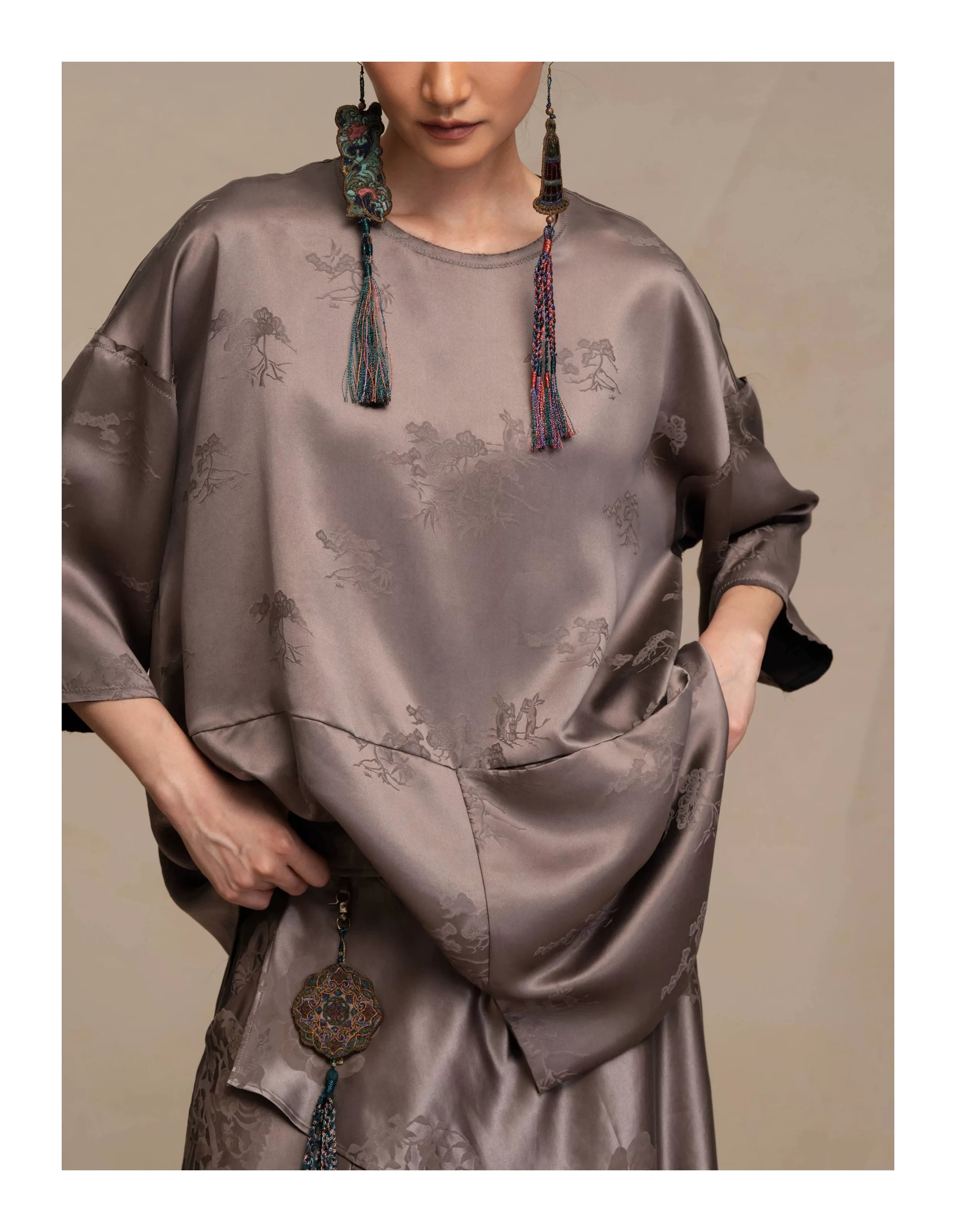Luxury Asymmetric Drape Silk Tunic Top- 26M66117