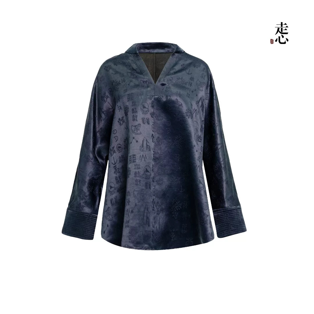 Luxury Black 12 Ornaments Silk Tunic Top-26Z76212159