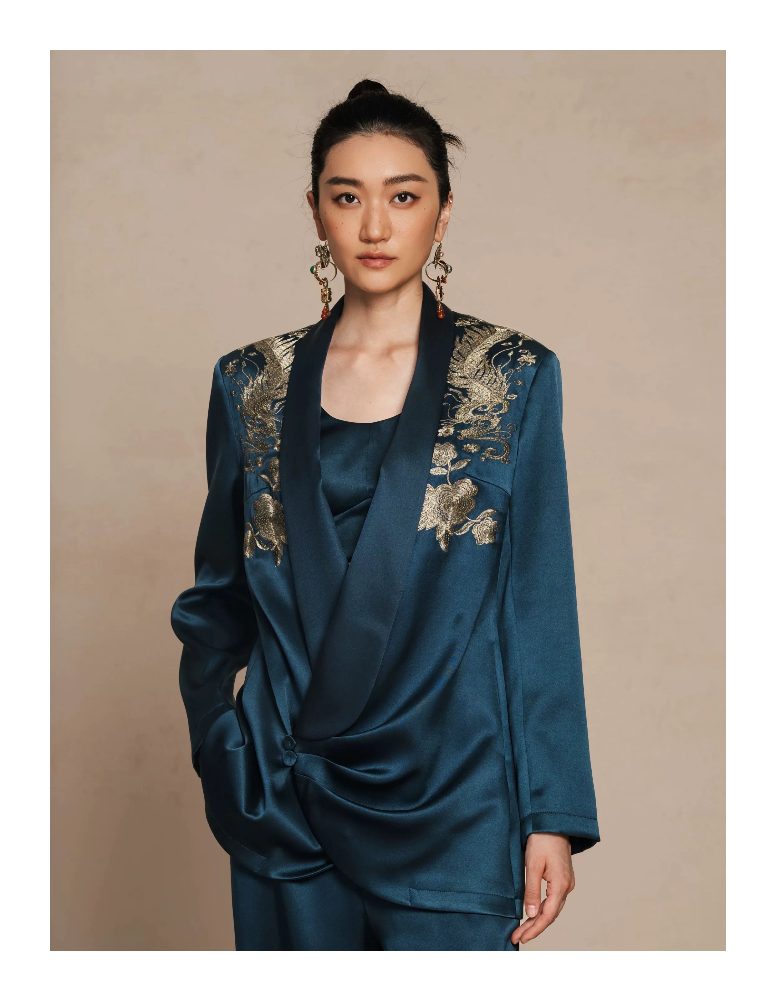 Luxury Navy Silk Phoenix Wrap Blazer- 26ZWT6712