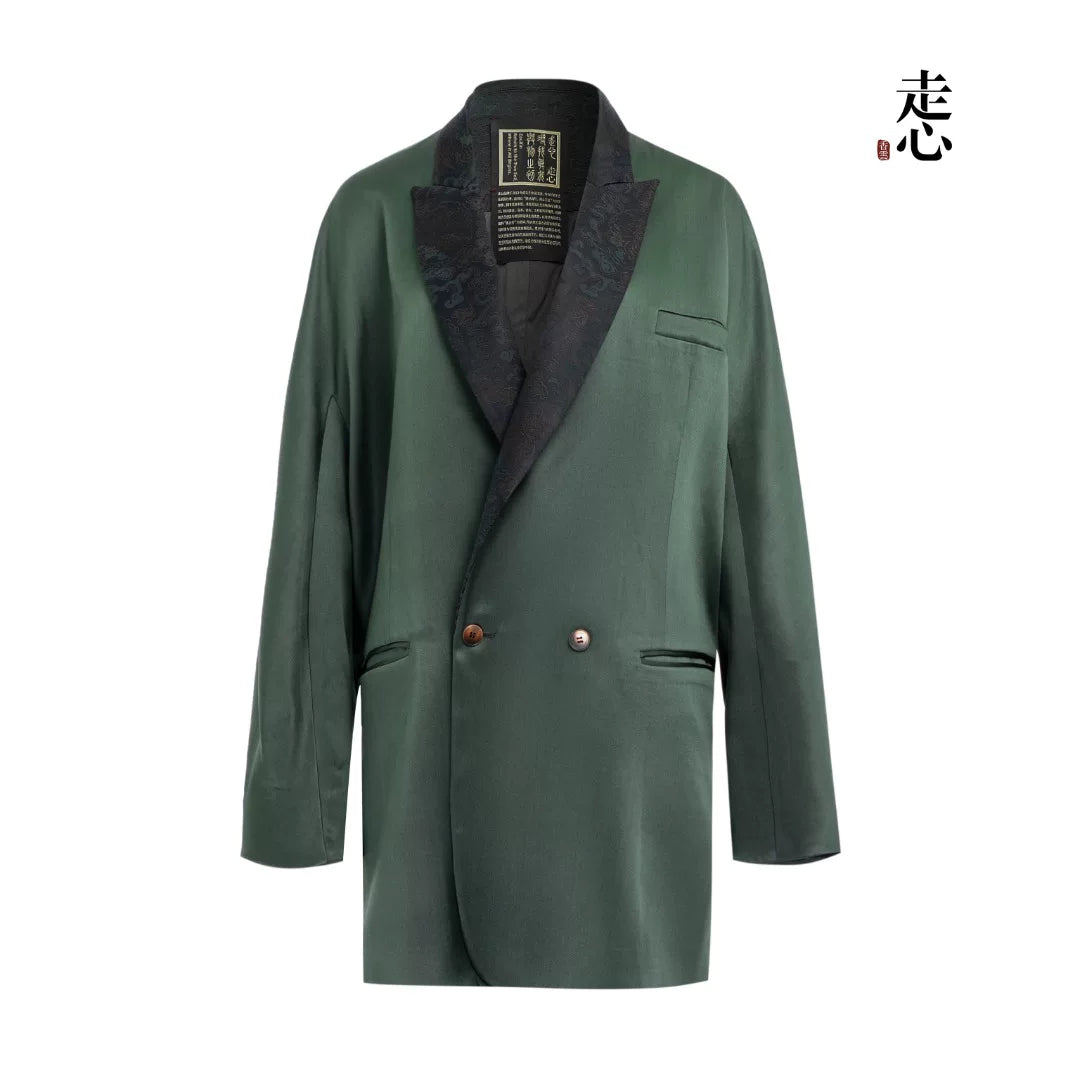 Luxury Green Gambiered Silk Tuxedo Blazer-26F1024