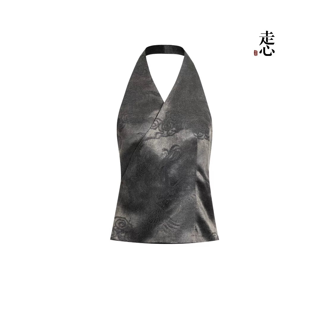 Luxury Grey Backless Silk Halter Top-24Z2292M