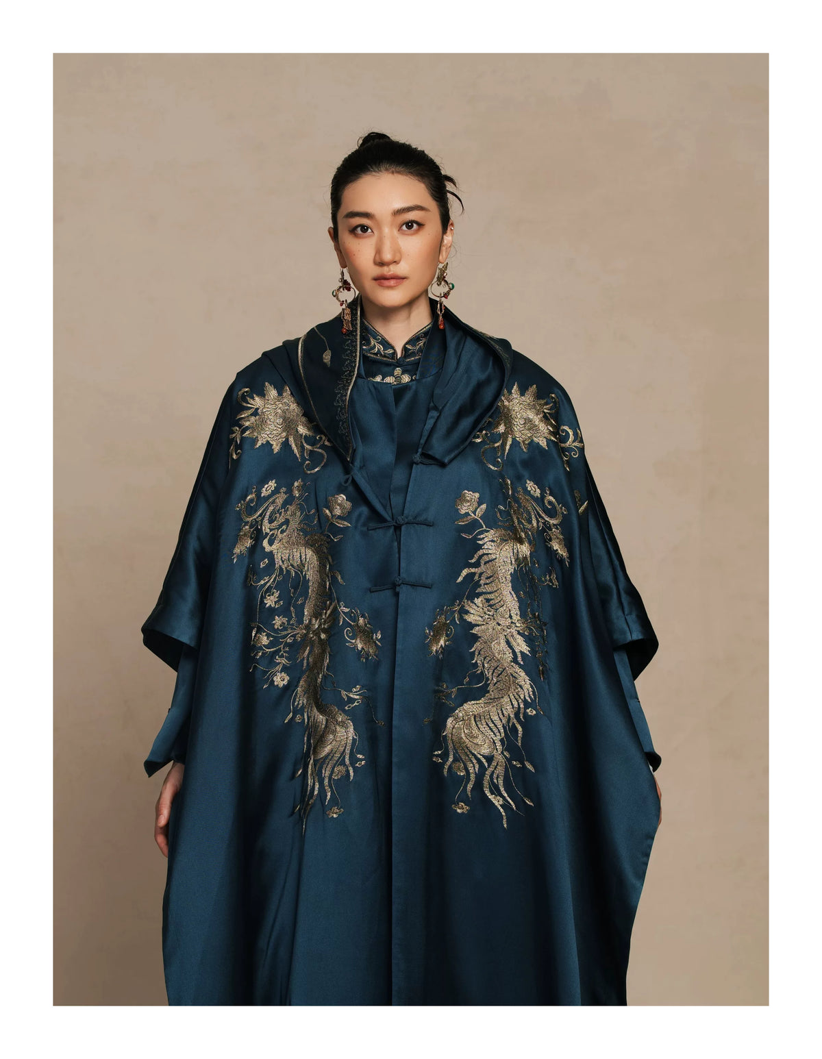 Luxury Navy Silk Phoenix Embroidered Cape-26ZMJ6709