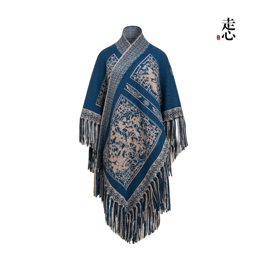 Luxury 1200g Cashmere Navy Gilded Cape-25ZX2513