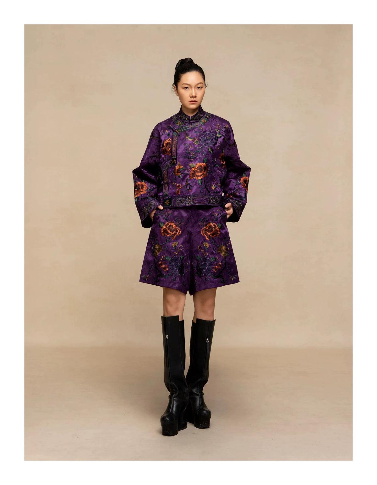 Luxury Imperial Violet Silk Brocade Shorts-25ZKZ6121