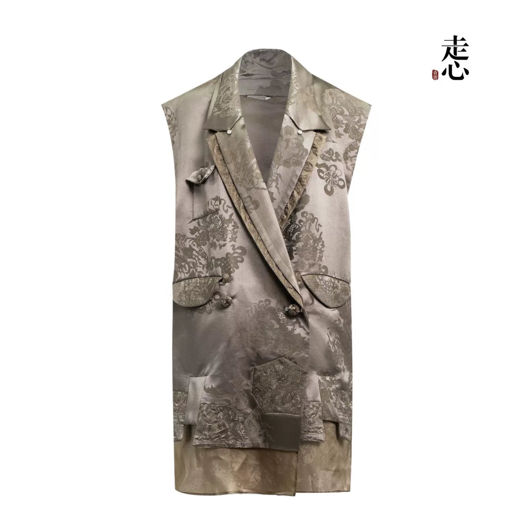 Luxury Champagne Silk Jacquard Long Vest-26Z02001