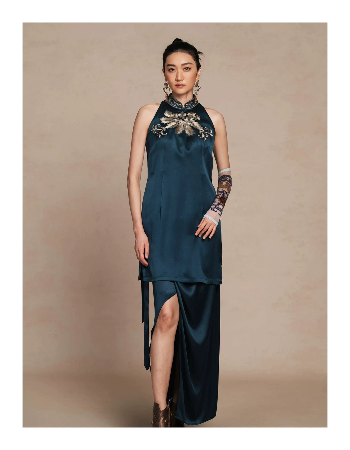 Luxury Navy Silk Phoenix Halter Maxi Dress-26ZLY6713