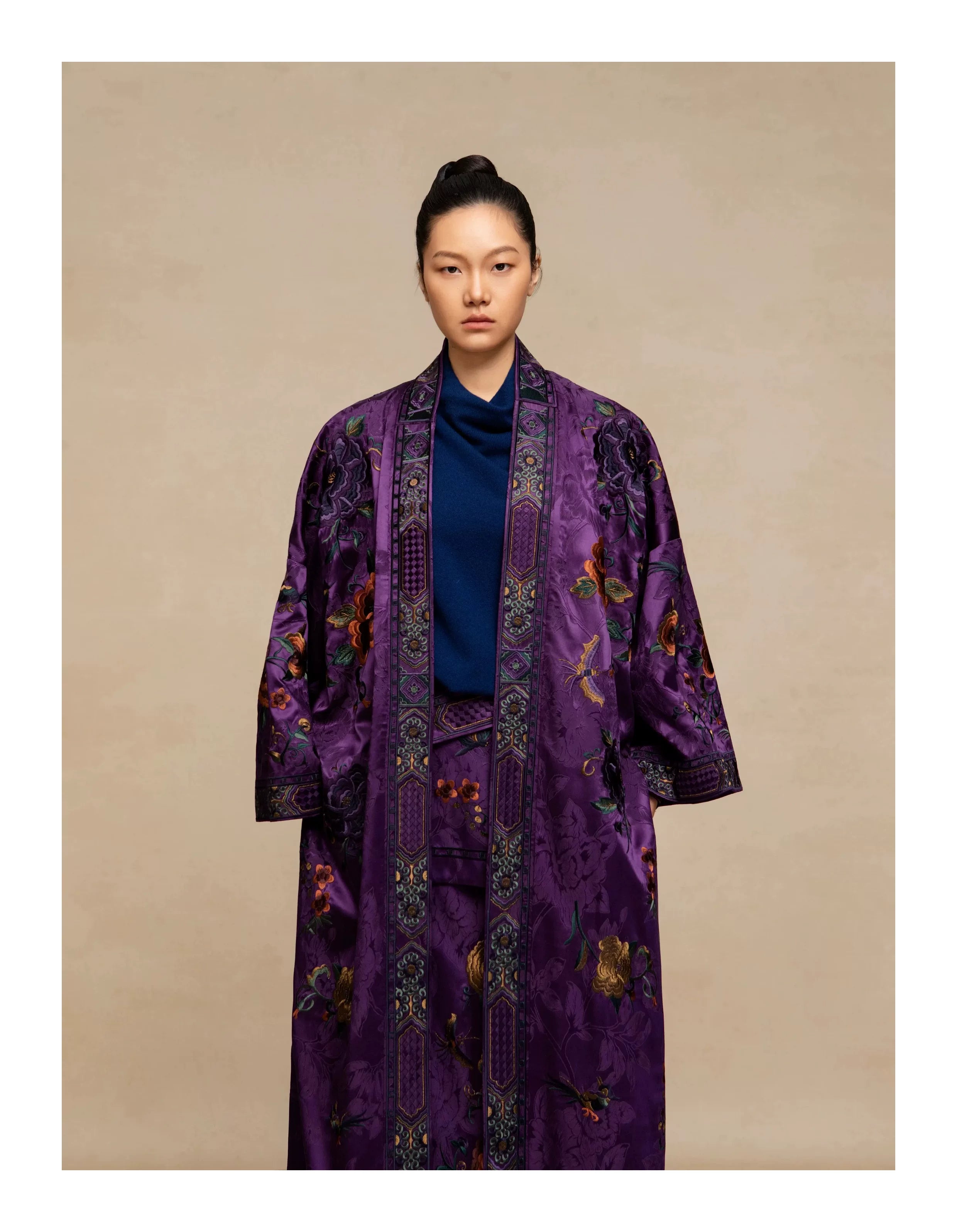 Luxury Imperial Violet Silk Duster Coat-25ZWT6088
