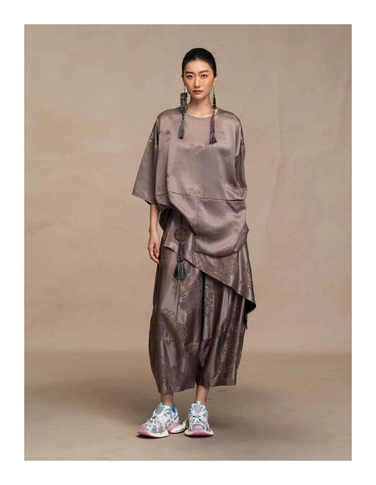 Luxury Asymmetric Drape Silk Tunic Top- 26M66117