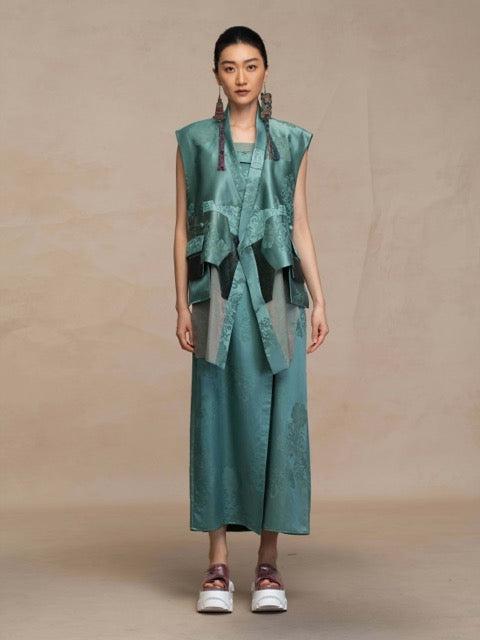 Luxury Asymmetric Silk Wrap Slate Teal Vest - 26Z00701