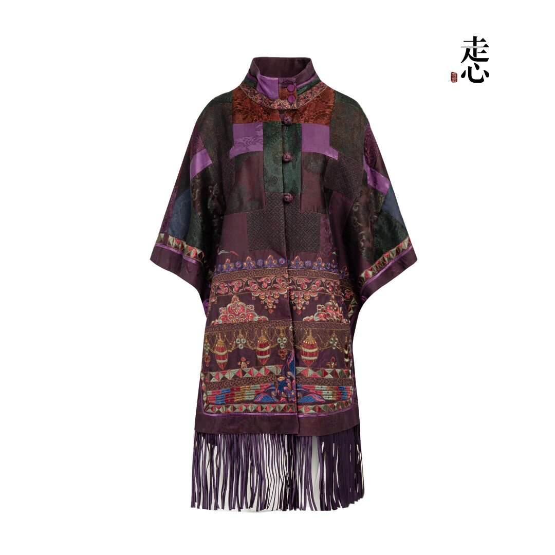 Luxury Dunhuang Silk Cape Coat with Fringe-26Y28621