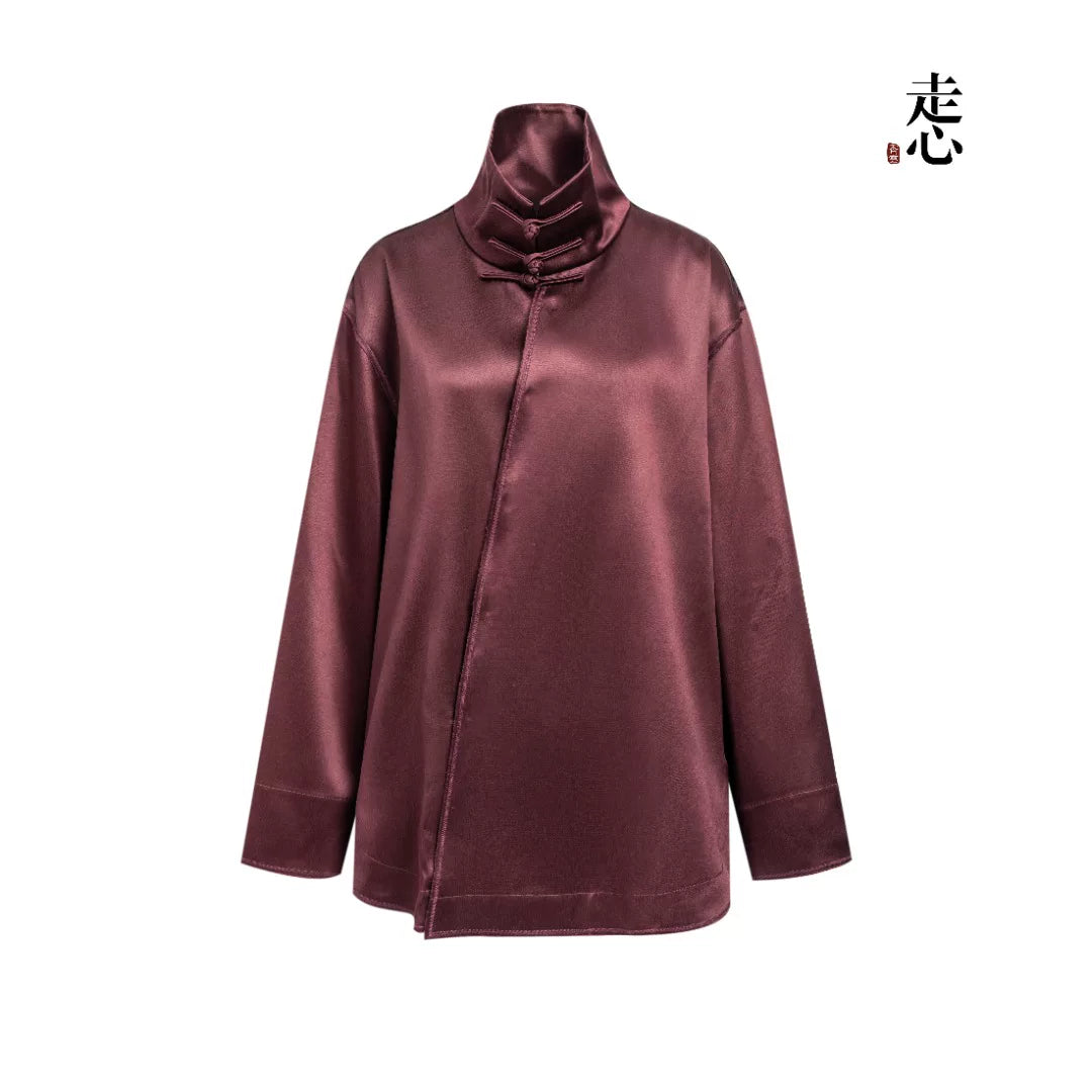 Luxury Carmine Heavy Silk Funnel Neck Shirt-25Z26318749