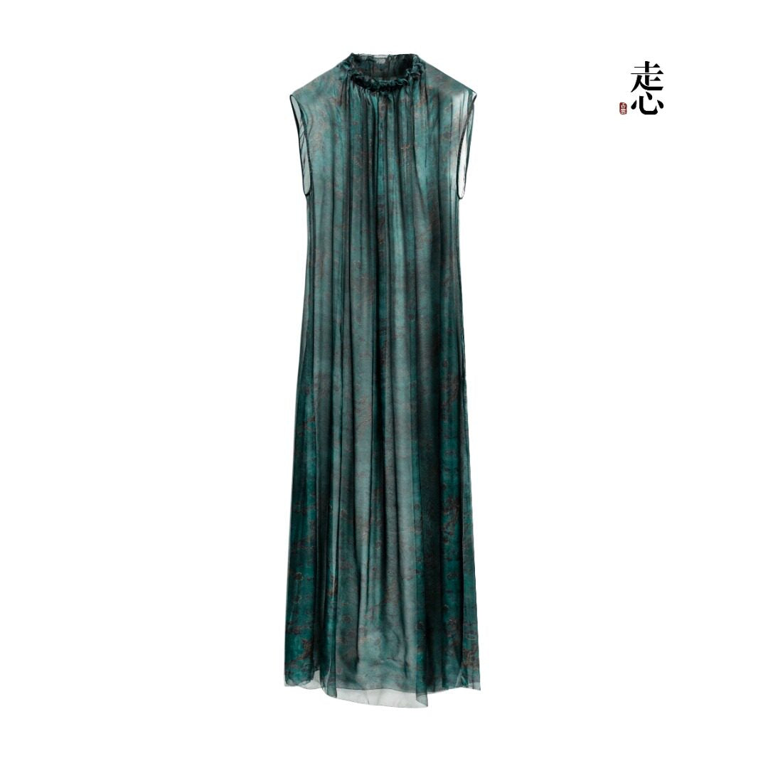 Auspicious Phoenix Gambiered Silk Maxi Dress - 26Y13801