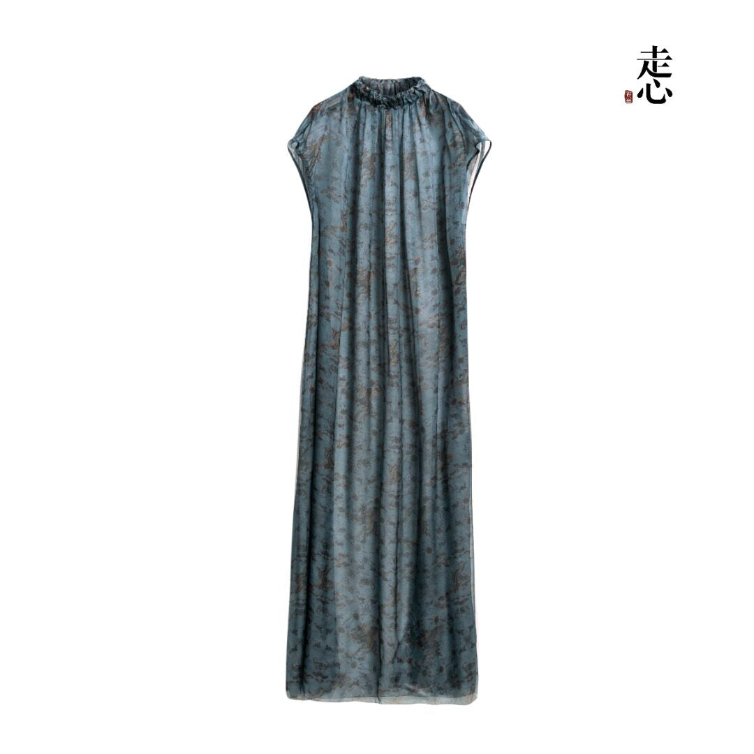 Auspicious Phoenix Gambiered Silk Maxi Dress - 26Y13801