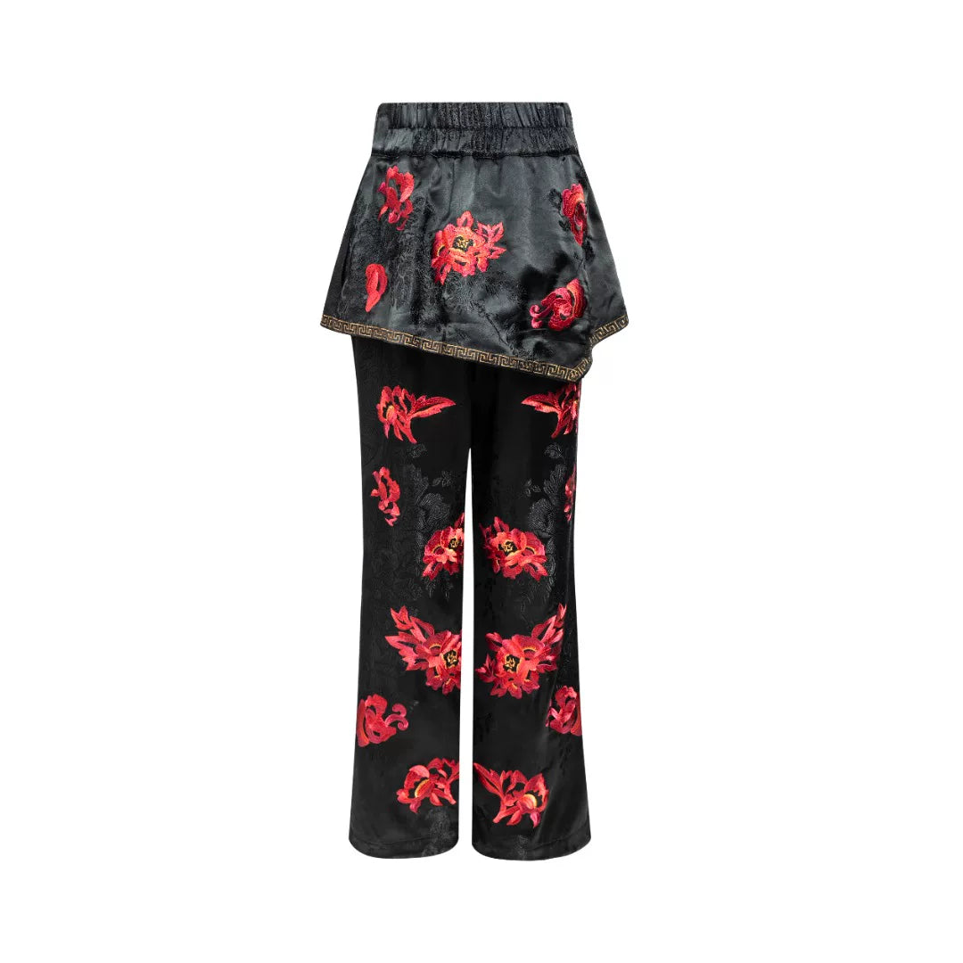 Luxury Crimson Peony Heavy Silk Skirt Pants-25ZKZ6112