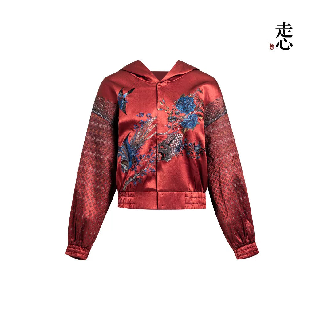 Luxury Carmine Silk Spring Garden Bomber-25ZWT5633