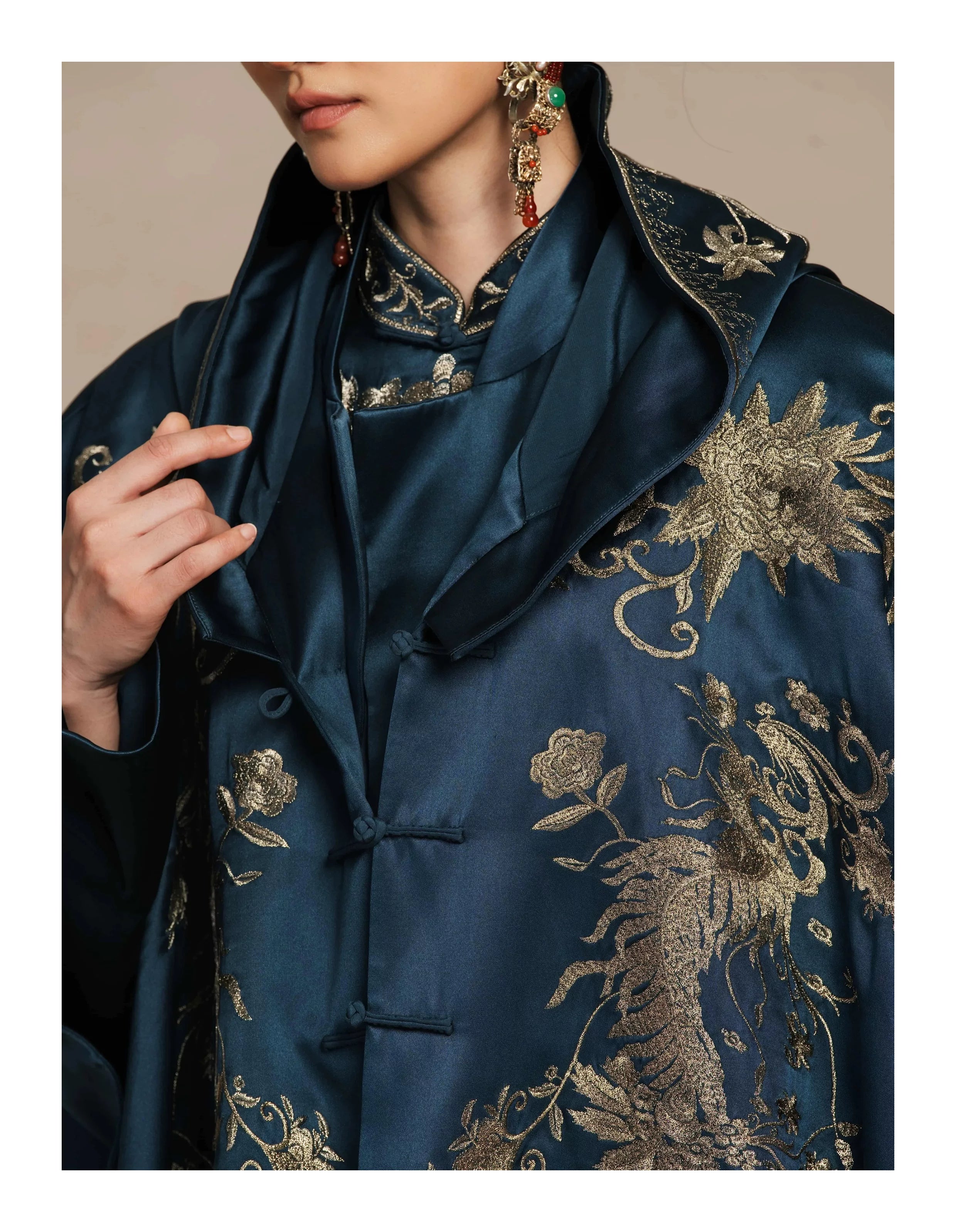 Luxury Navy Silk Phoenix Embroidered Cape-26ZMJ6709