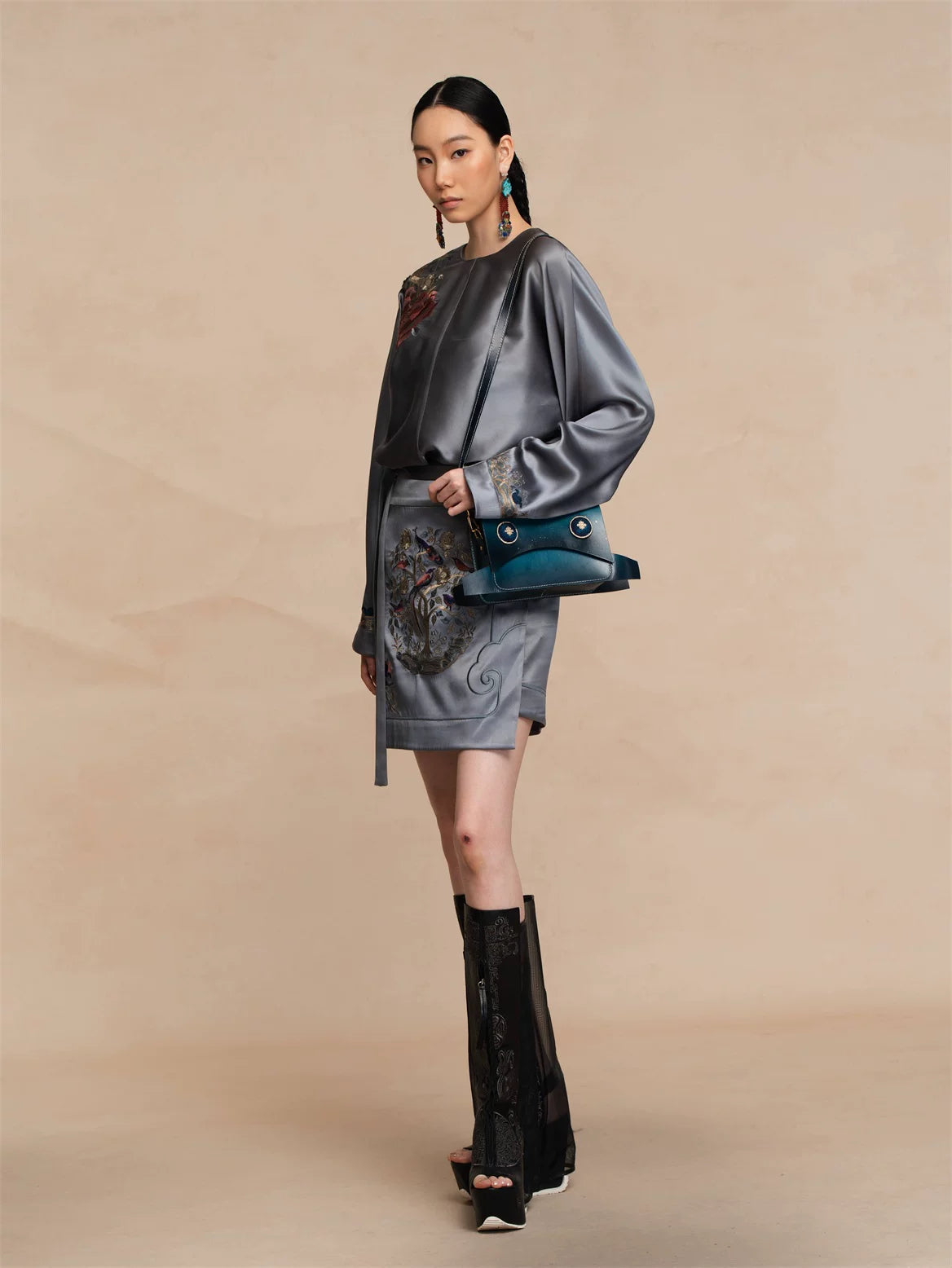 Luxury Celadon Silk Peony Pullover Blouse-26ZCS6569